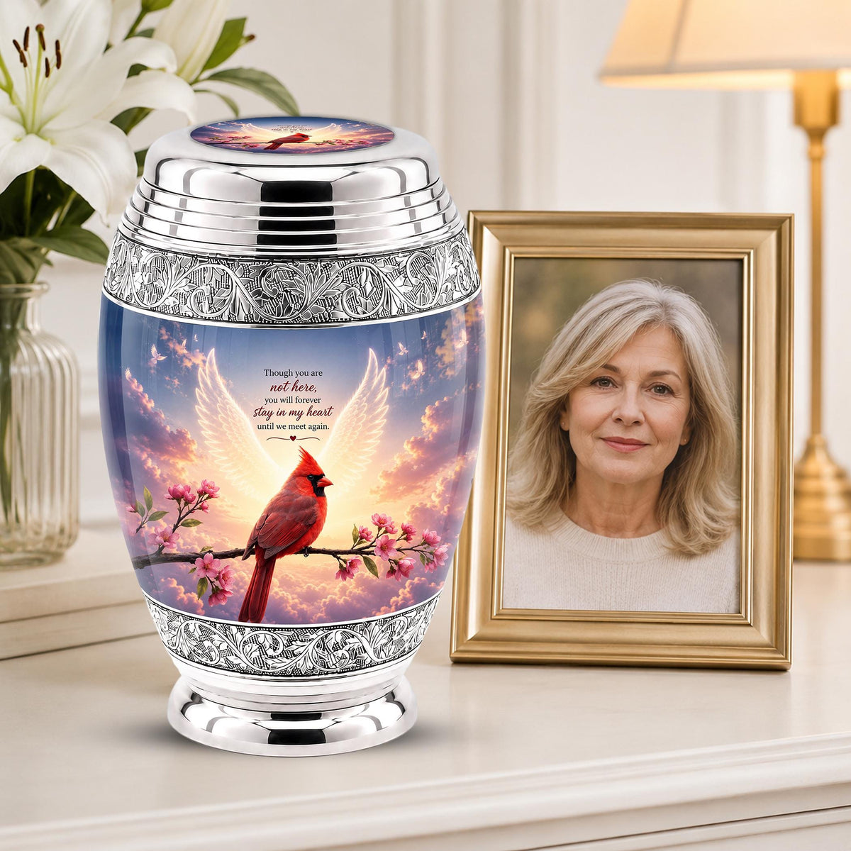 Personalized Cardinal Cremation Urn, Angel Wings - Pink Blossoms, Silver Tone (Custom Engraving)