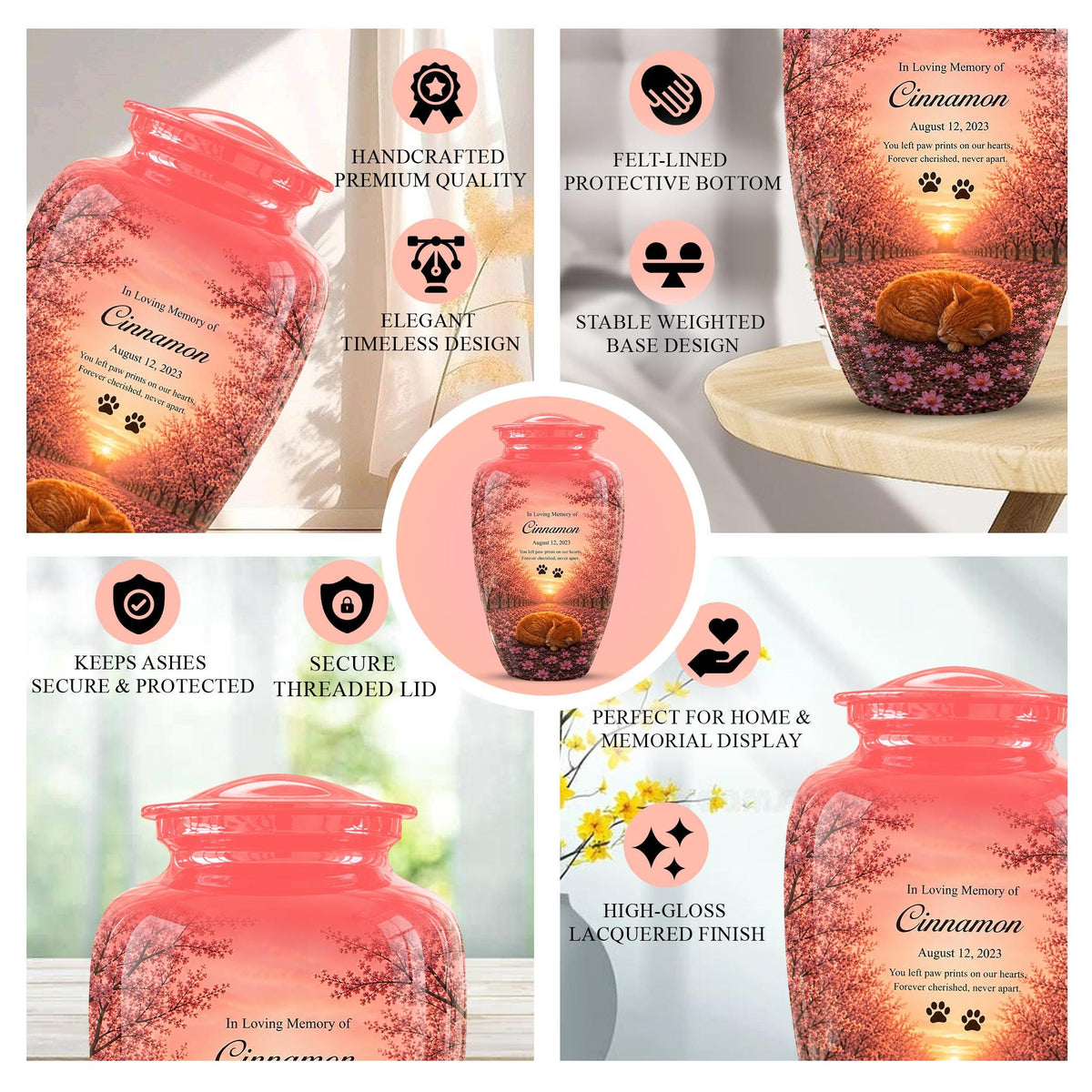 Personalized Pink Cat Memorial Urn, Sleeping Cat Keepsake, Pet Ashes (Custom Name)