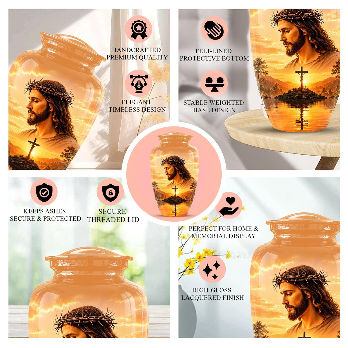 Personalized Jesus Cremation Urn for Ashes, Jesus Christ Sunset Memorial Urn, Christian Cross Tribute Urn, Religious Keepsake Urn Set (200 Cubic)