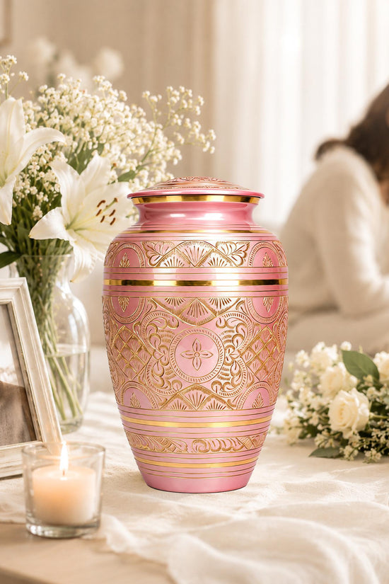 Pink and Gold Brass Cremation Urn for Ashes - Rose Gold Ornamental Memorial Urn