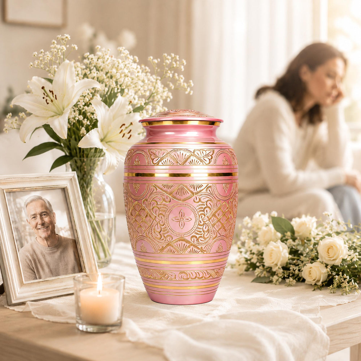 Pink and Gold Brass Cremation Urn for Ashes - Rose Gold Ornamental Memorial Urn