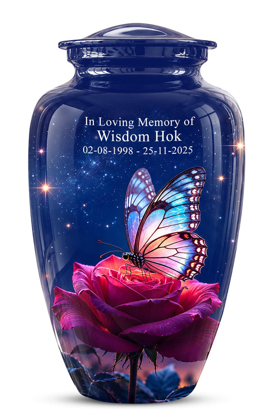 Butterfly and Rose Cremation Urn for Ashes - Pink Floral Memorial Urn