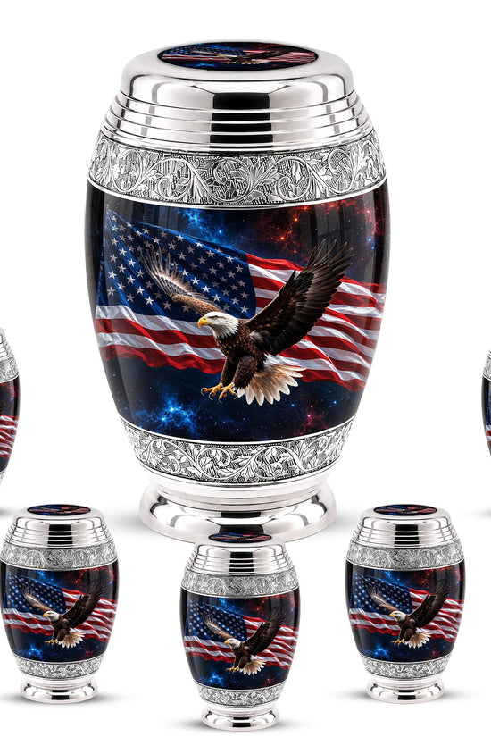 American Flag Eagle Cremation Urn for Ashes - Silver Patriotic Bald Eagle Memorial Urn