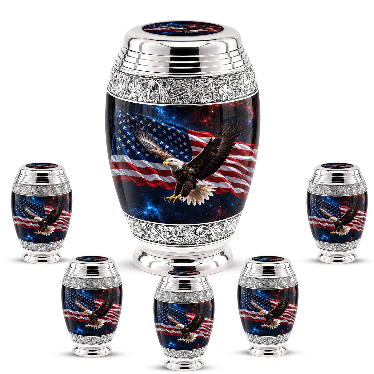 American Flag Eagle Cremation Urn for Ashes - Silver Patriotic Bald Eagle Memorial Urn