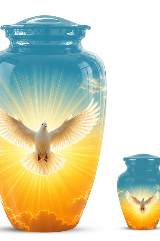 Personalized White Dove Cremation Urn for Ashes - Golden Sunset Dove Memorial Urn, Heavenly Light