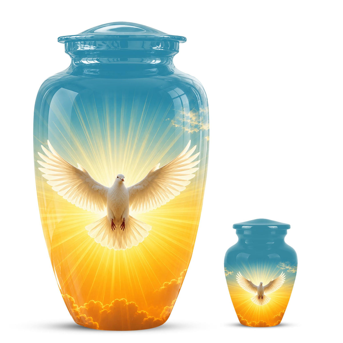 Personalized White Dove Cremation Urn for Ashes - Golden Sunset Dove Memorial Urn, Heavenly Light