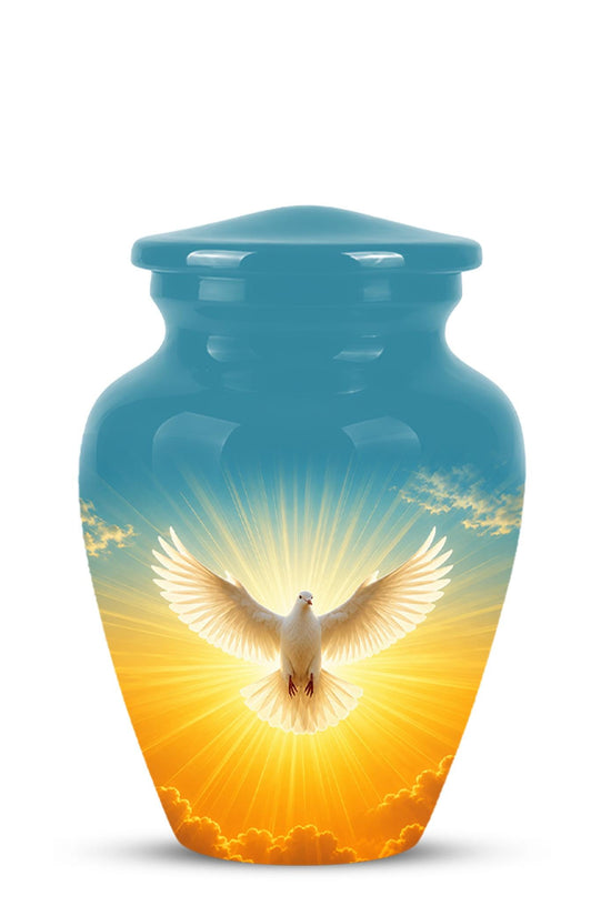 Personalized White Dove Cremation Urn for Ashes - Golden Sunset Dove Memorial Urn, Heavenly Light
