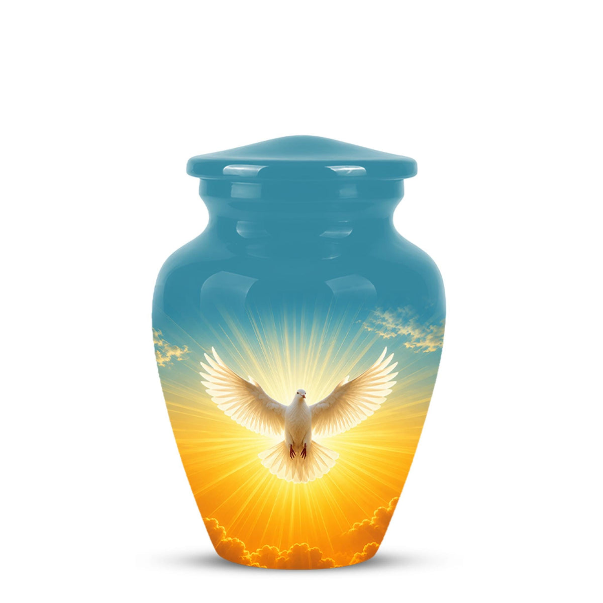 Personalized White Dove Cremation Urn for Ashes - Golden Sunset Dove Memorial Urn, Heavenly Light