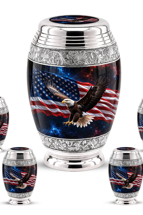 American Flag Eagle Cremation Urn for Ashes - Silver Patriotic Bald Eagle Memorial Urn