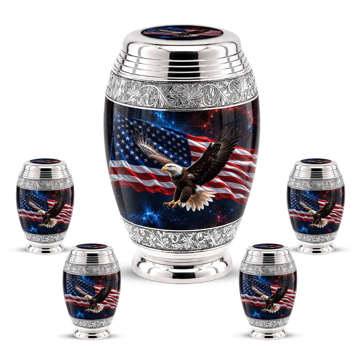 American Flag Eagle Cremation Urn for Ashes - Silver Patriotic Bald Eagle Memorial Urn