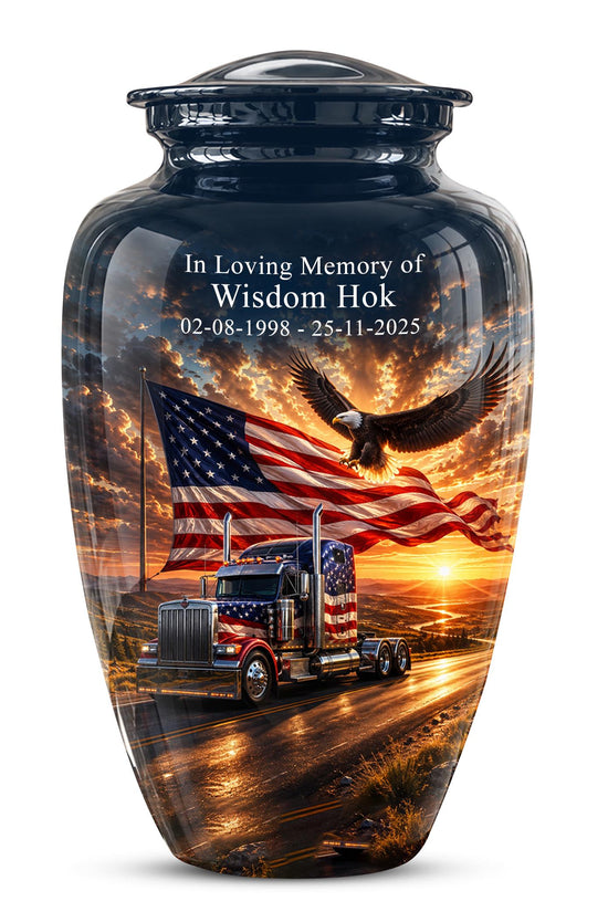 American Flag Truck Cremation Urn for Ashes - Semi Truck and Bald Eagle Memorial Urn