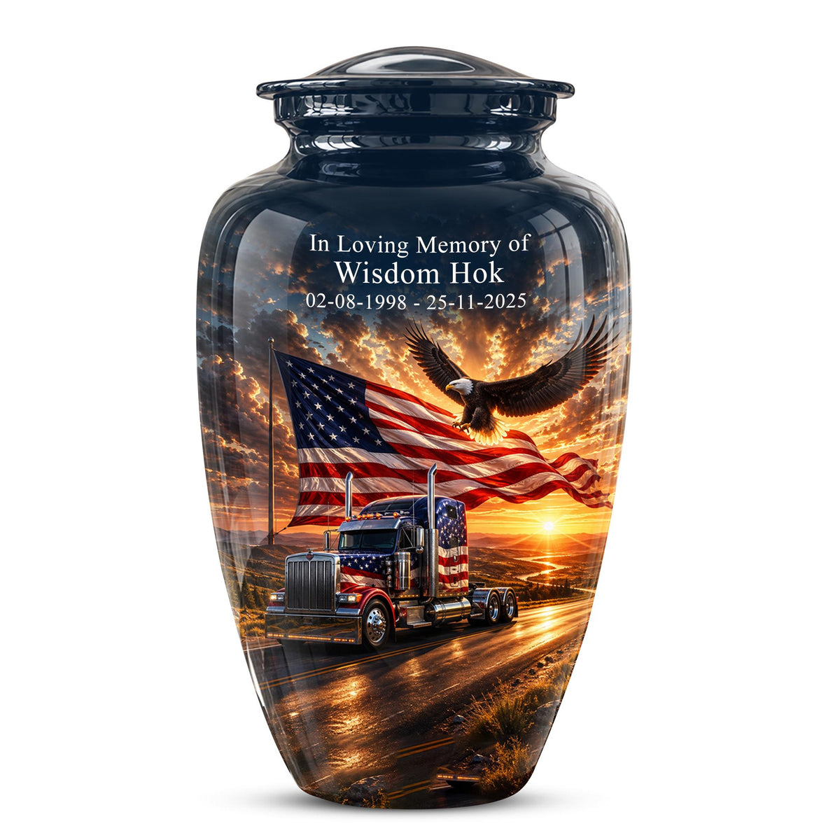 American Flag Truck Cremation Urn for Ashes - Semi Truck and Bald Eagle Memorial Urn