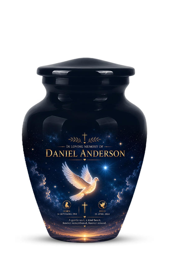 Personalized White Dove Cremation Urn - Christian Memorial Ashes Container (Custom Name & Dates)