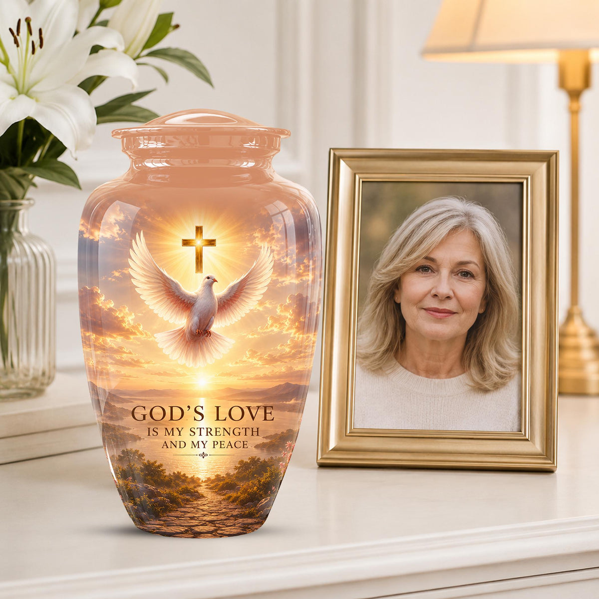 Personalized Christian Cremation Urn, Cross Dove Memorial Urn - Religious Sympathy Keepsake