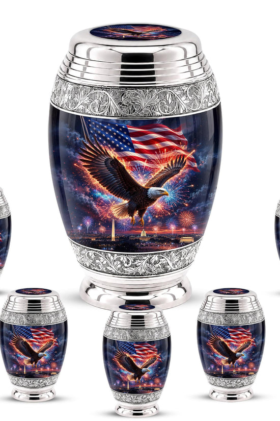 American Flag Eagle Cremation Urn for Ashes - Silver Patriotic Memorial Urn