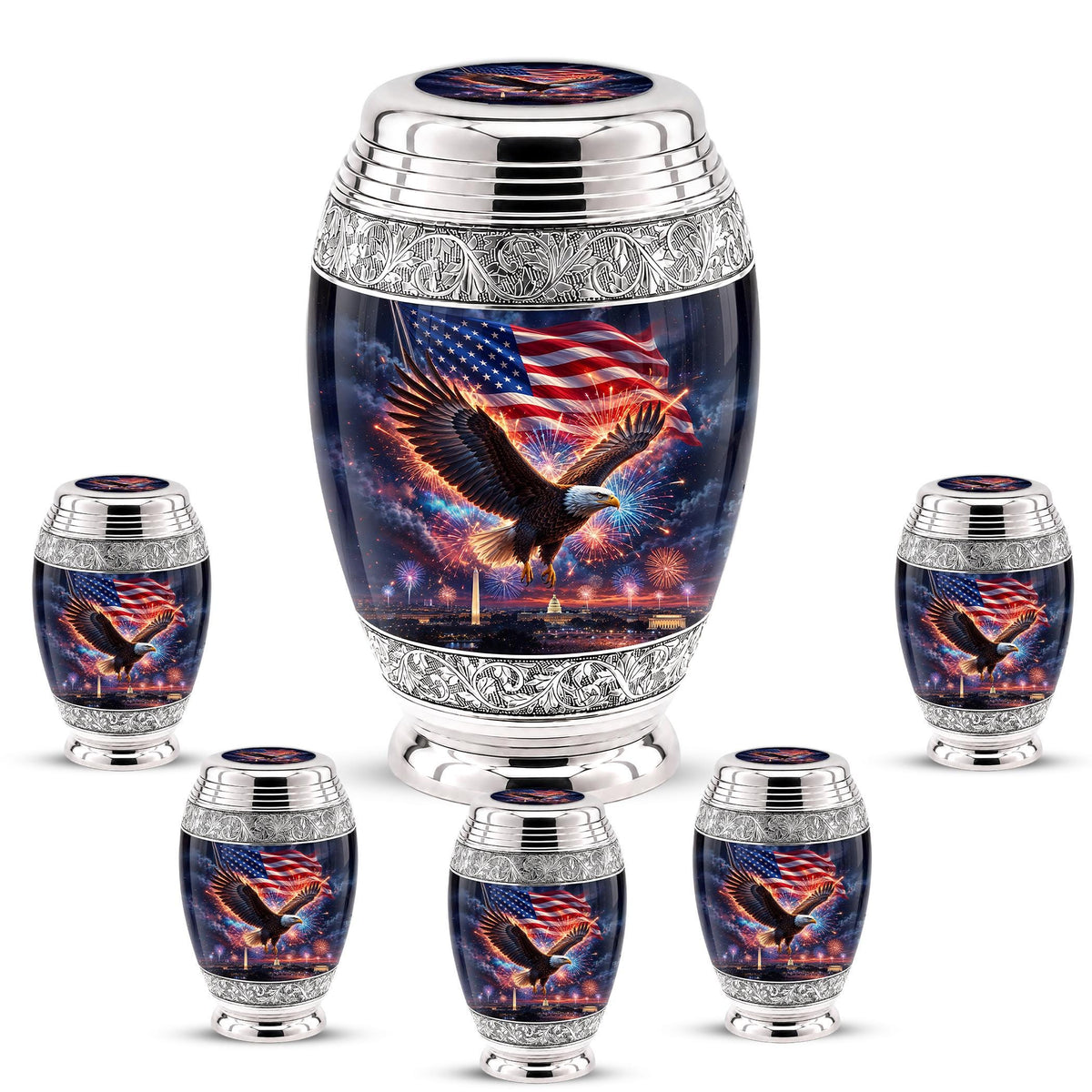 American Flag Eagle Cremation Urn for Ashes - Silver Patriotic Memorial Urn