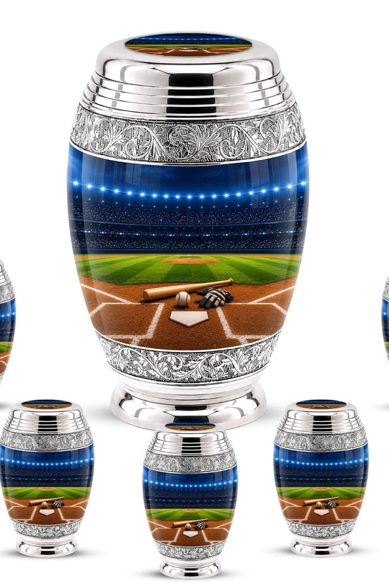 Baseball Cremation Urn for Ashes - Silver Baseball Glove and Bat Memorial Urn