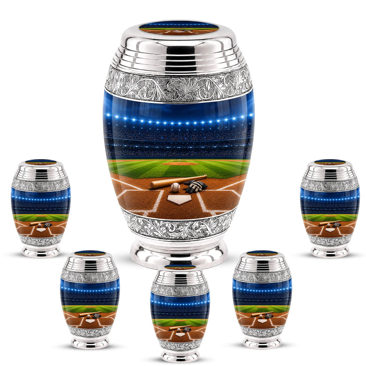 Baseball Cremation Urn for Ashes - Silver Baseball Glove and Bat Memorial Urn