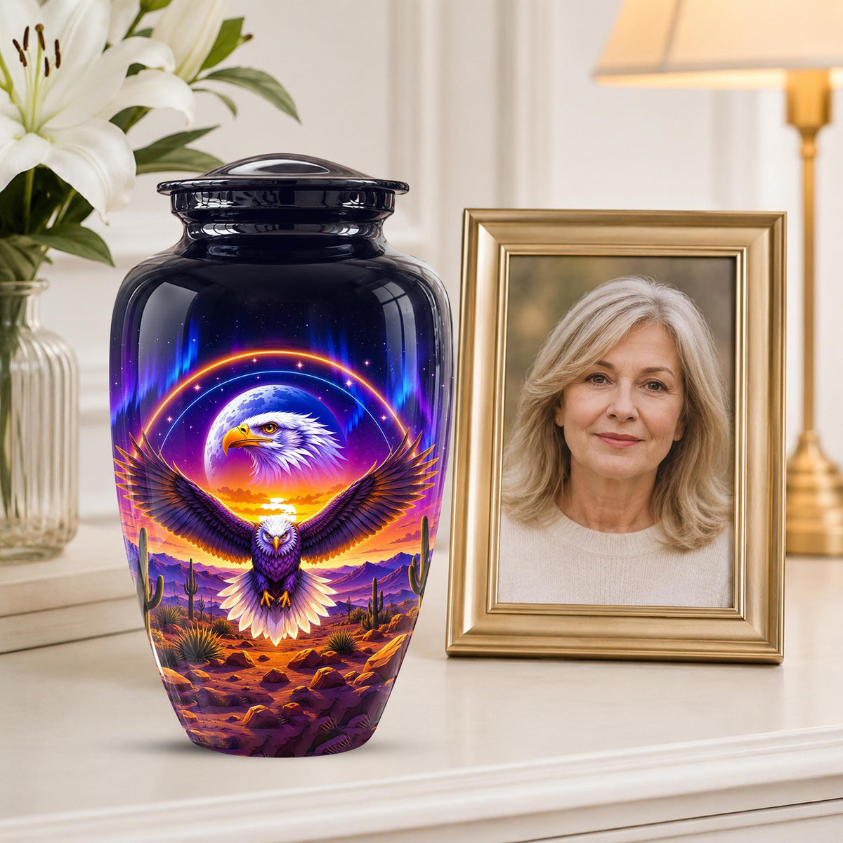 Bald Eagle Cremation Urn for Ashes - Colorful Desert Sunset Memorial Urn