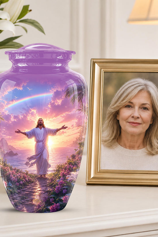 Personalized Jesus Cremation Urn for Ashes Jesus Christ - Rainbow Memorial Urn, Christian Sunset Tribute Urn