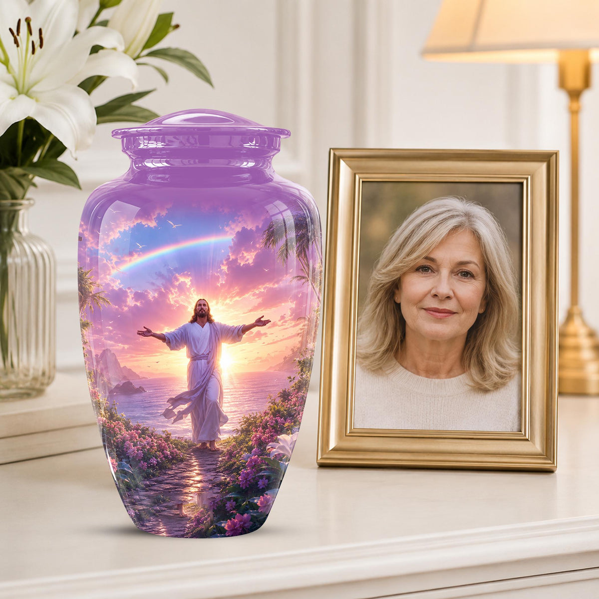 Personalized Jesus Cremation Urn for Ashes Jesus Christ - Rainbow Memorial Urn, Christian Sunset Tribute Urn