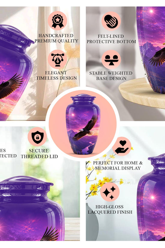 Bald Eagle Cremation Urn for Ashes - Purple Sunset Mountain Memorial Urn