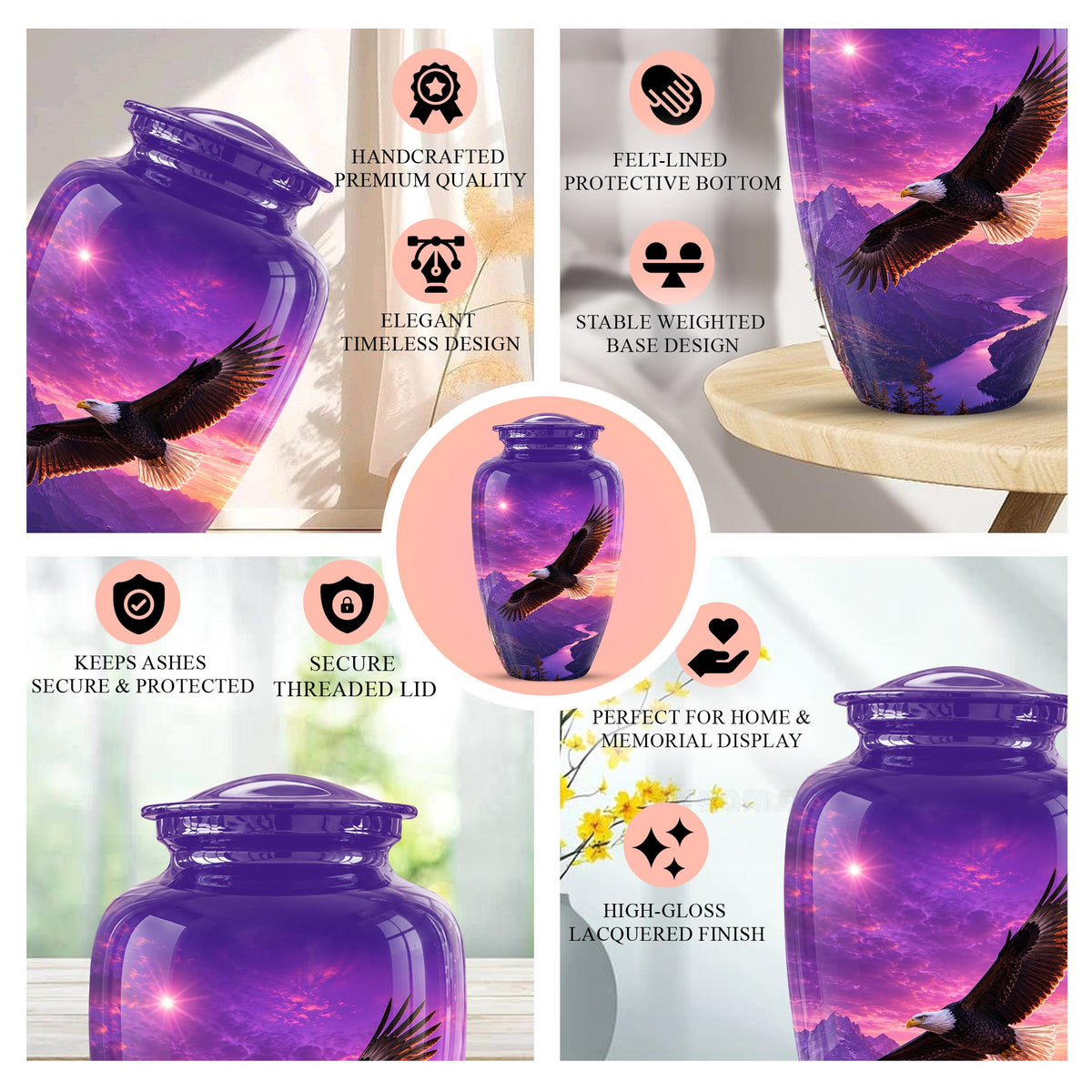 Bald Eagle Cremation Urn for Ashes - Purple Sunset Mountain Memorial Urn