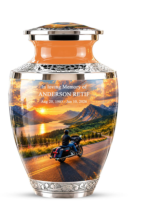 Personalized Motorcycle Cremation Urn, Mountain Road Sunset Rider Memorial
