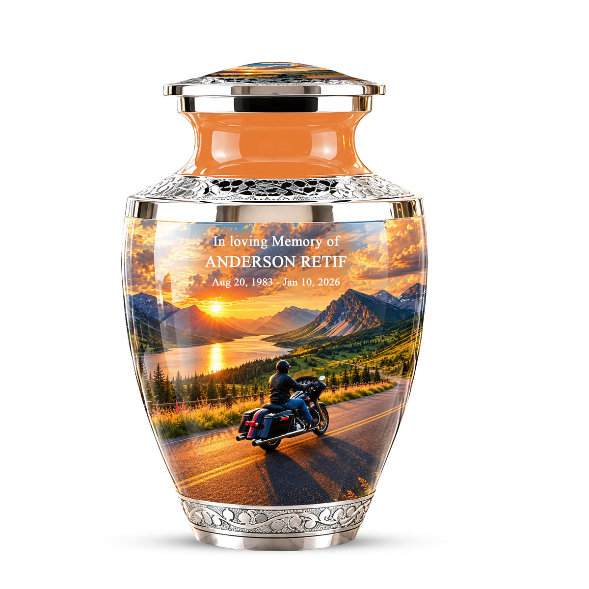 Personalized Motorcycle Cremation Urn, Mountain Road Sunset Rider Memorial