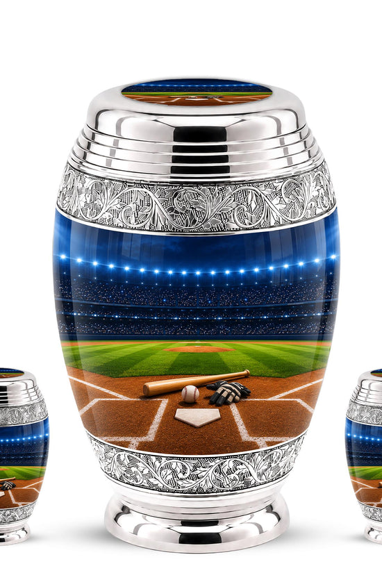 Baseball Cremation Urn for Ashes - Silver Baseball Glove and Bat Memorial Urn