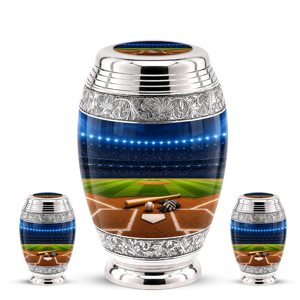 Baseball Cremation Urn for Ashes - Silver Baseball Glove and Bat Memorial Urn