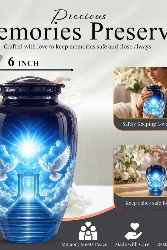 Personalized Dove Cremation Urn for Ashes, Heavenly Blue Memorial Urn - White Dove Religious Tribute