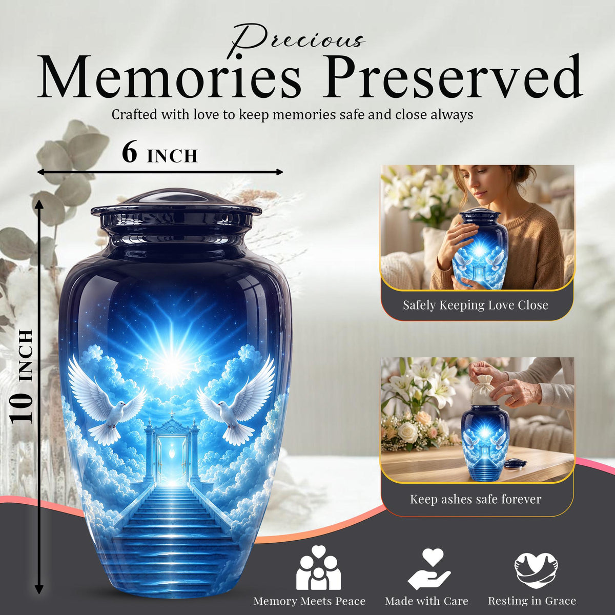 Personalized Dove Cremation Urn for Ashes, Heavenly Blue Memorial Urn - White Dove Religious Tribute