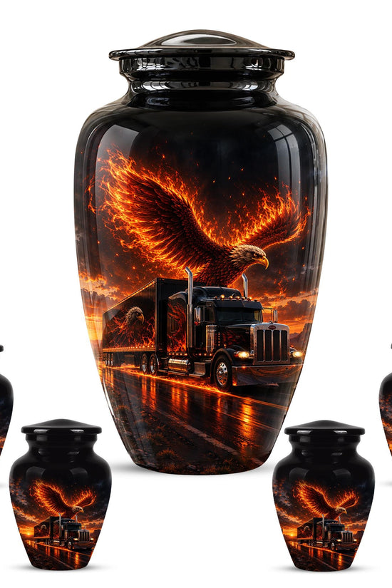 Eagle and Semi Truck Cremation Urn for Ashes - Fiery Bald Eagle Memorial Urn