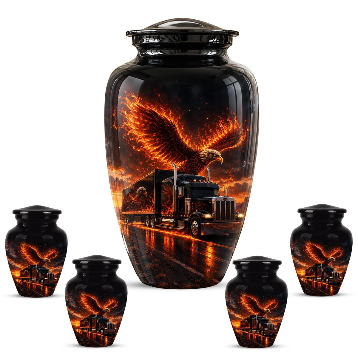 Eagle and Semi Truck Cremation Urn for Ashes - Fiery Bald Eagle Memorial Urn