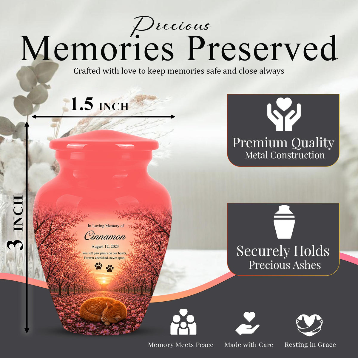 Personalized Pink Cat Memorial Urn, Sleeping Cat Keepsake, Pet Ashes (Custom Name)