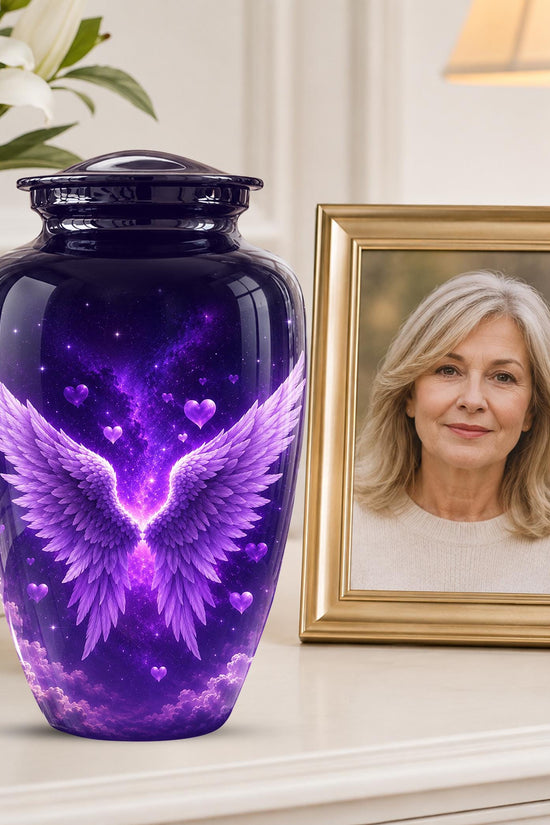 Personalized Purple Memorial Urn - Angel Wings Funeral Urn, Custom Tribute