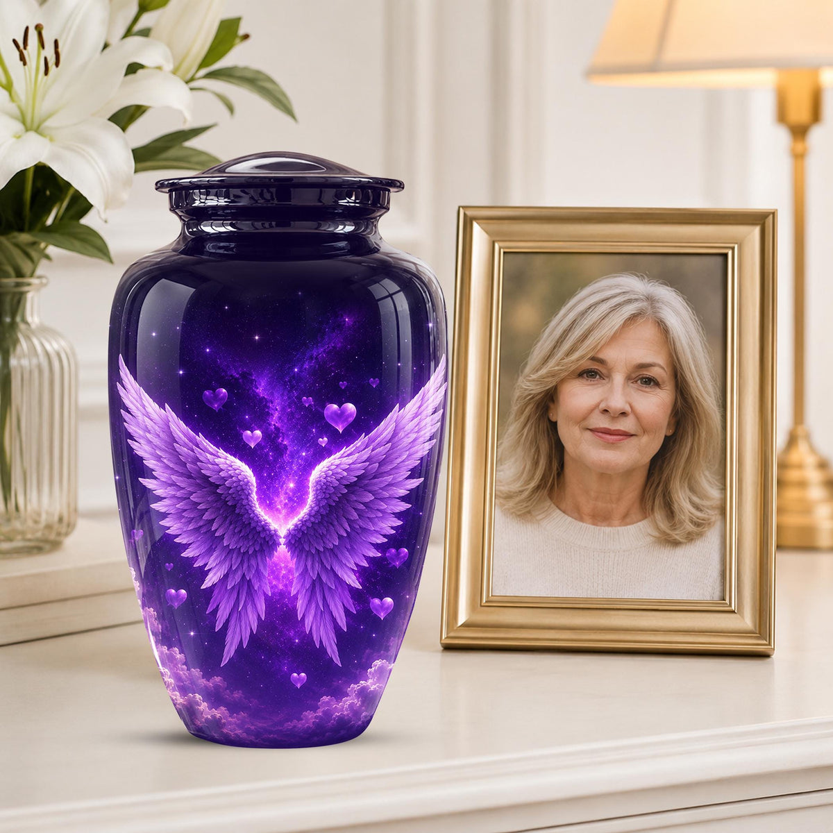Personalized Purple Memorial Urn - Angel Wings Funeral Urn, Custom Tribute