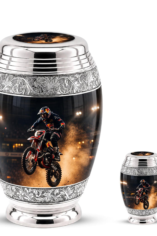 Personalized Motocross Rider Cremation Urn, Glossy Black Finish, Memorial Keepsake