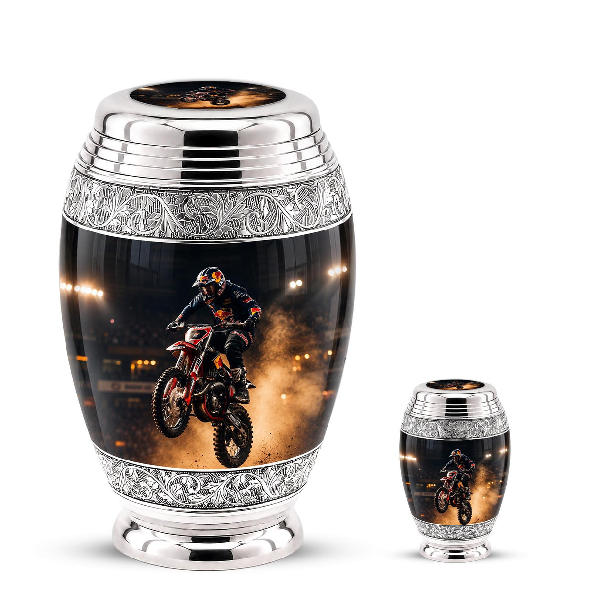 Personalized Motocross Rider Cremation Urn, Glossy Black Finish, Memorial Keepsake
