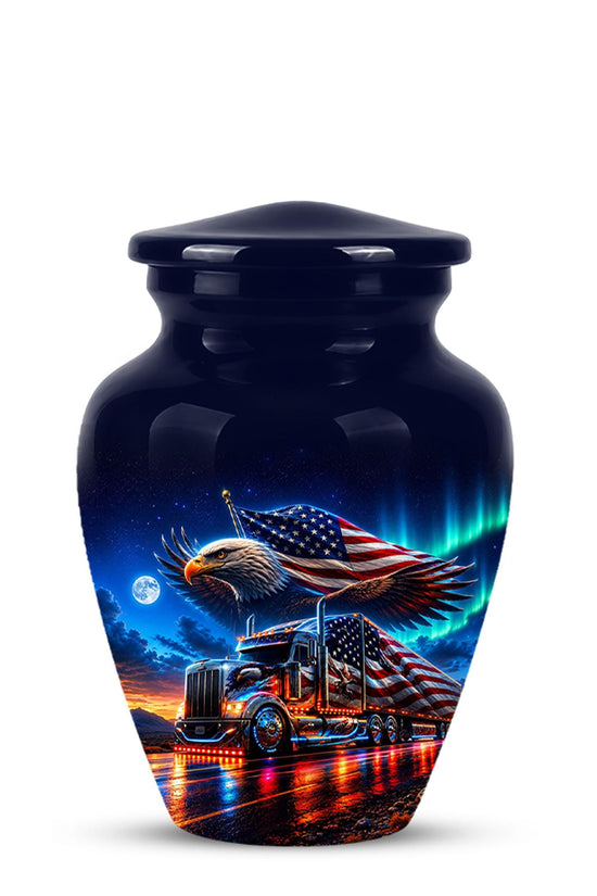 American Flag Truck Cremation Urn for Ashes - Bald Eagle and Semi Truck Memorial Urn