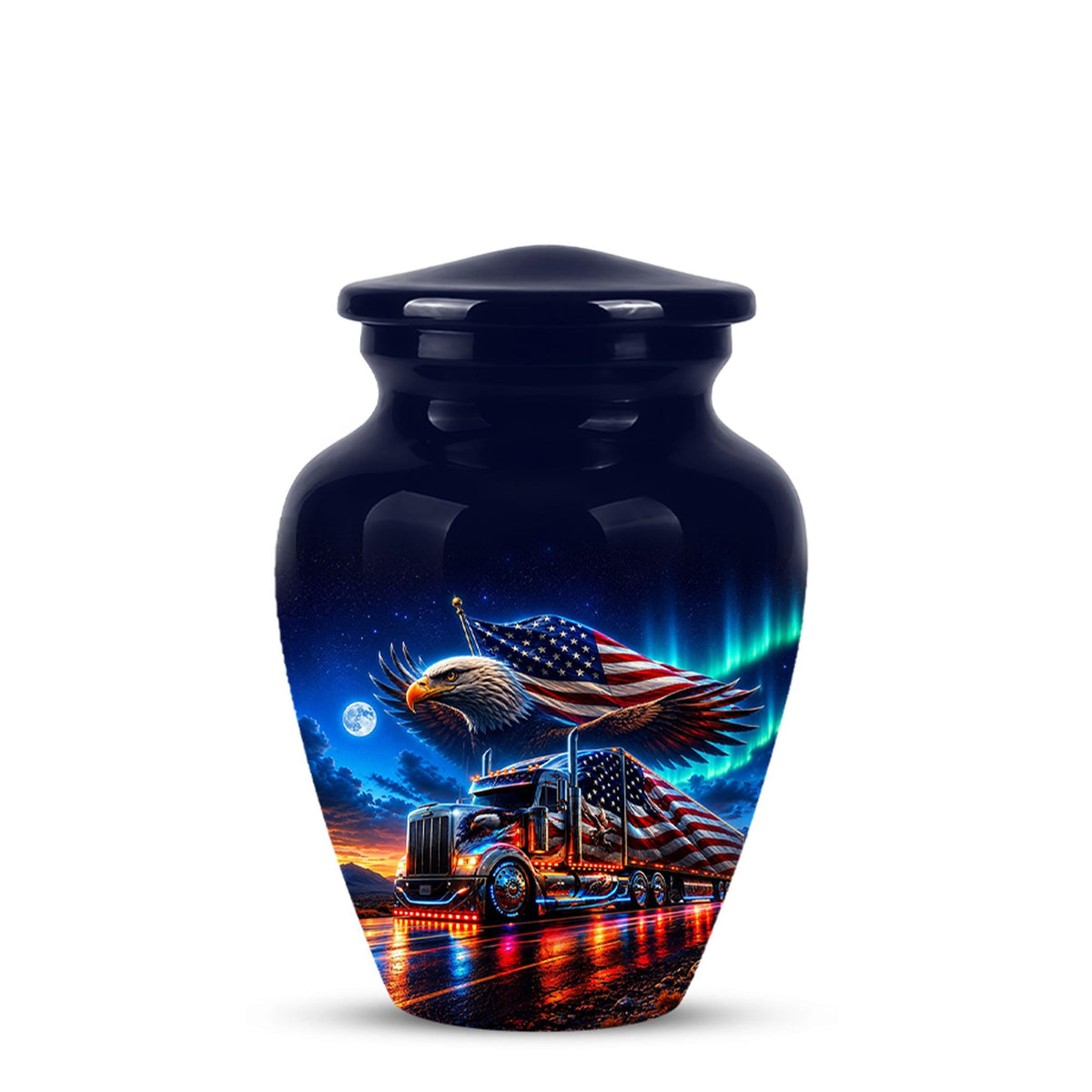 American Flag Truck Cremation Urn for Ashes - Bald Eagle and Semi Truck Memorial Urn