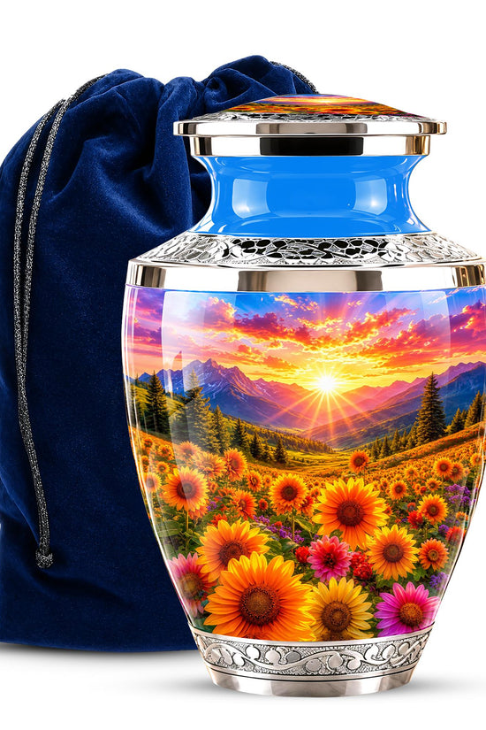 Personalized Cremation Urn, Floral Sunset Mountain Landscape, Memorial Keepsake