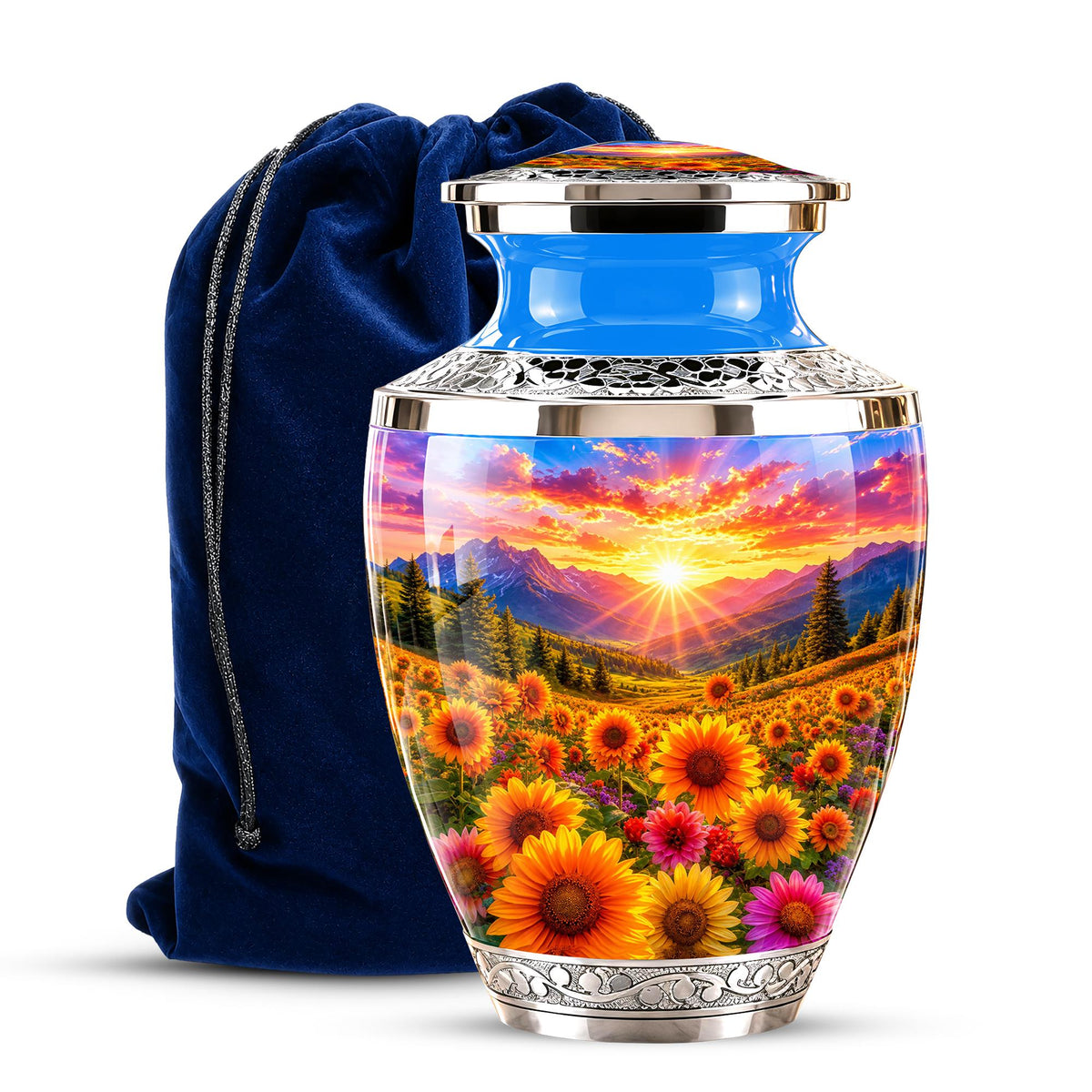 Personalized Cremation Urn, Floral Sunset Mountain Landscape, Memorial Keepsake