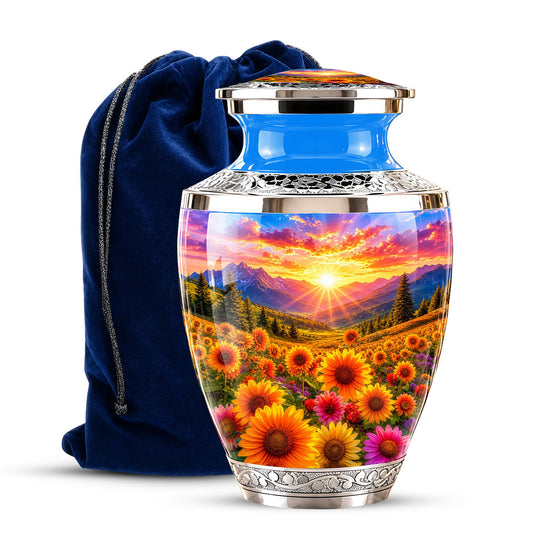 Personalized Cremation Urn, Floral Sunset Mountain Landscape, Memorial Keepsake