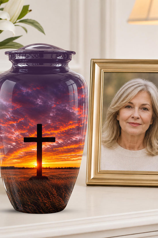 Personalized Cross Cremation Urn, Sunset Memorial Keepsake, Christian Ashes Tribute
