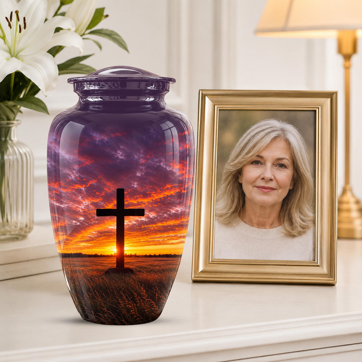 Personalized Cross Cremation Urn, Sunset Memorial Keepsake, Christian Ashes Tribute