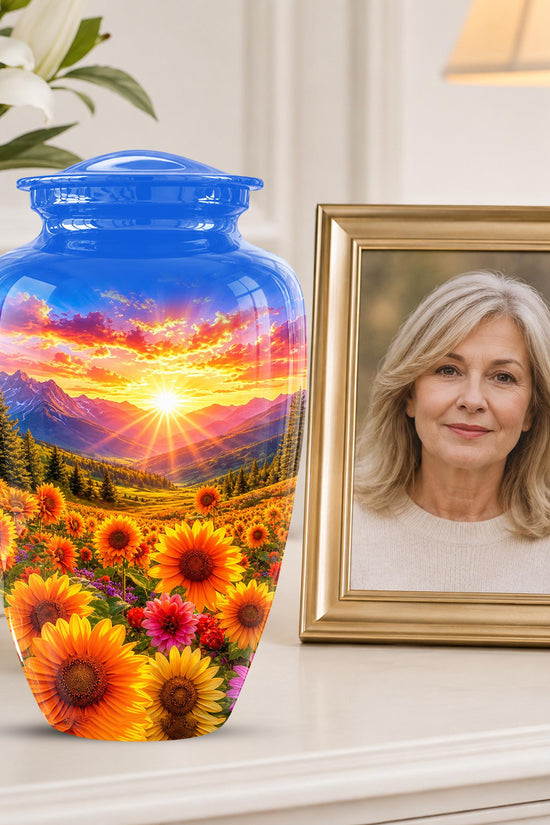 Personalized Sunflower Mountain Sunset Cremation Urn, Scenic Memorial Keepsake