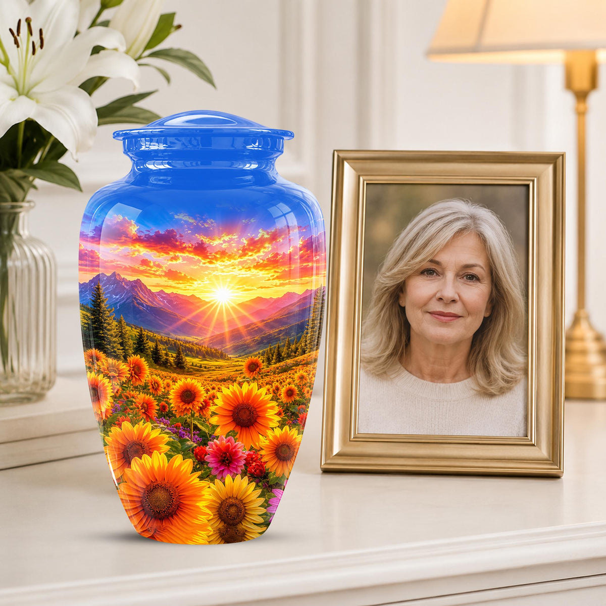 Personalized Sunflower Mountain Sunset Cremation Urn, Scenic Memorial Keepsake