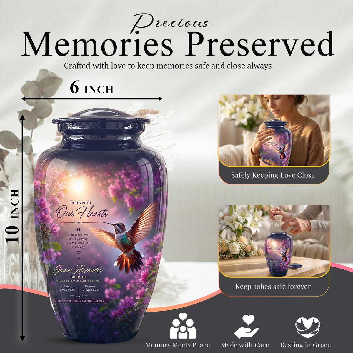 Personalized Hummingbird Cremation Urn - Floral Memorial Tribute for Ashes